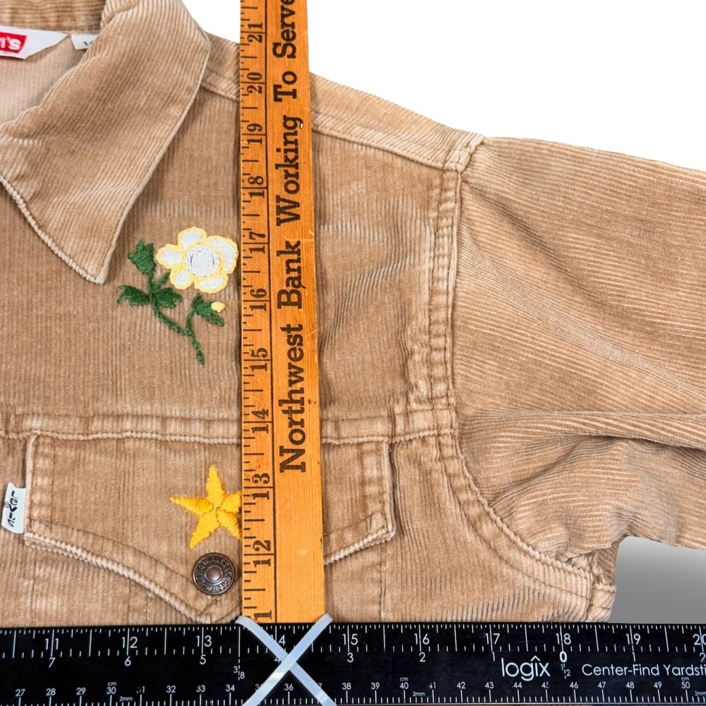 Levis OOAK Corduroy Trucker Jacket Girls 16 Women XS Boho Hand Embroidered Khaki - Picture 9 of 11